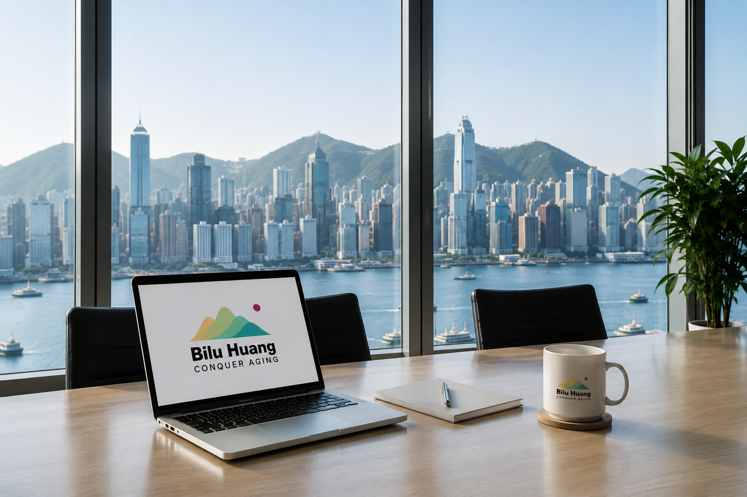 Modern meeting room overlooking Victoria Harbour with a laptop displaying the Bilu Huang logo