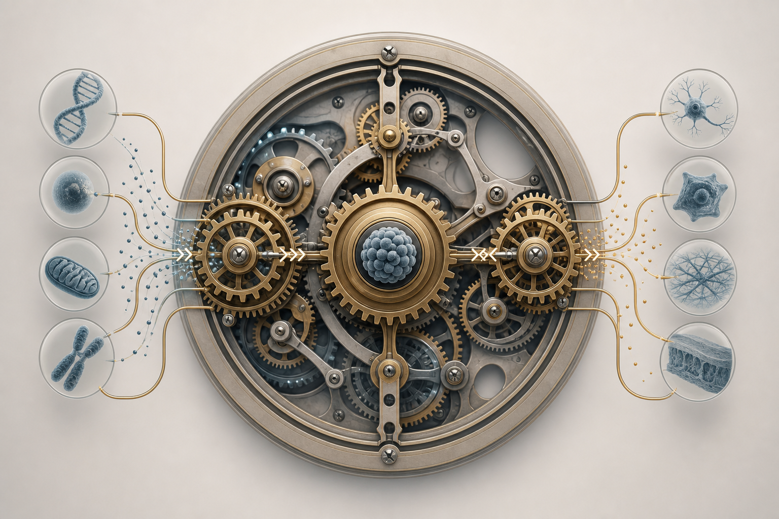 Clockwork mechanism representing p53 as a mediator between upstream biological timing information and downstream aging programs.