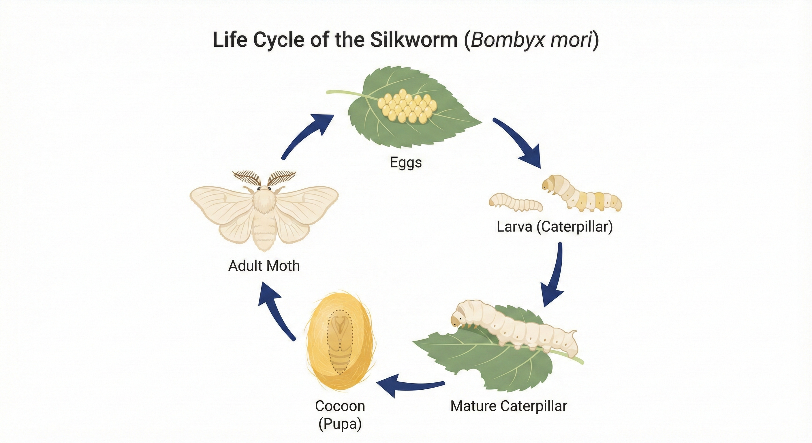 Scientific illustration of the silkworm life cycle from eggs and larva to cocoon, adult moth, reproduction, senescence, and death.
